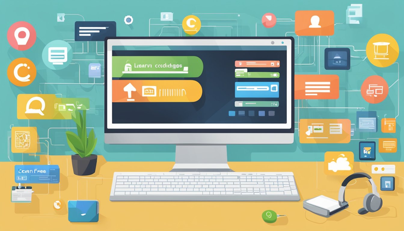 A computer screen displaying 10 website logos with “Learn Coding for
Free” text. Icons of coding languages and a keyboard in the
background
