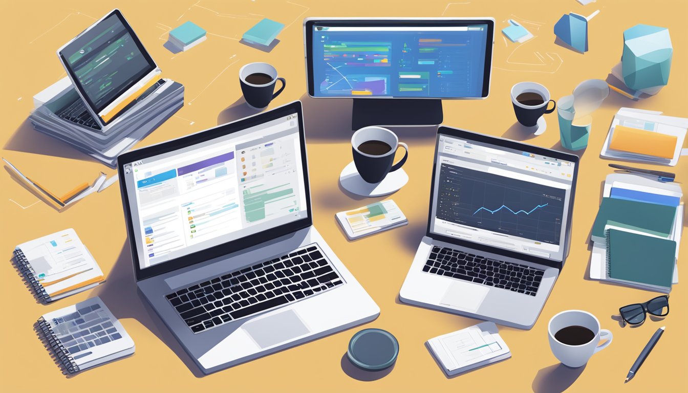 A laptop open on a desk with coding websites displayed on the screen,
surrounded by notebooks, pens, and a cup of
coffee