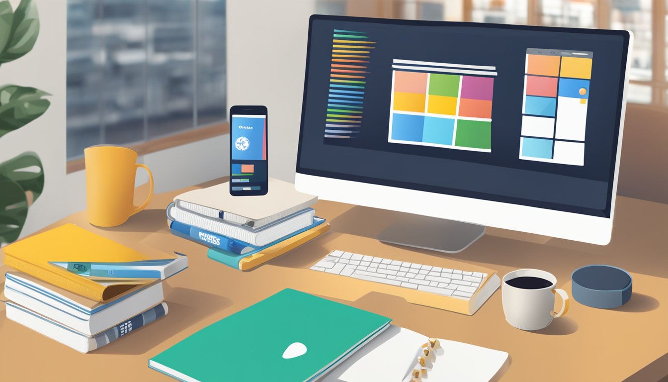 A computer screen displaying 10 website logos, with coding books and a
notebook nearby. A cup of coffee sits on the
desk
