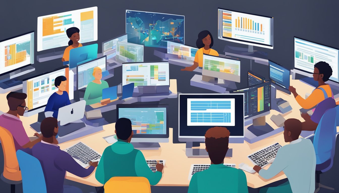 A group of diverse individuals working together, sharing knowledge and
resources, surrounded by computer screens displaying coding
websites