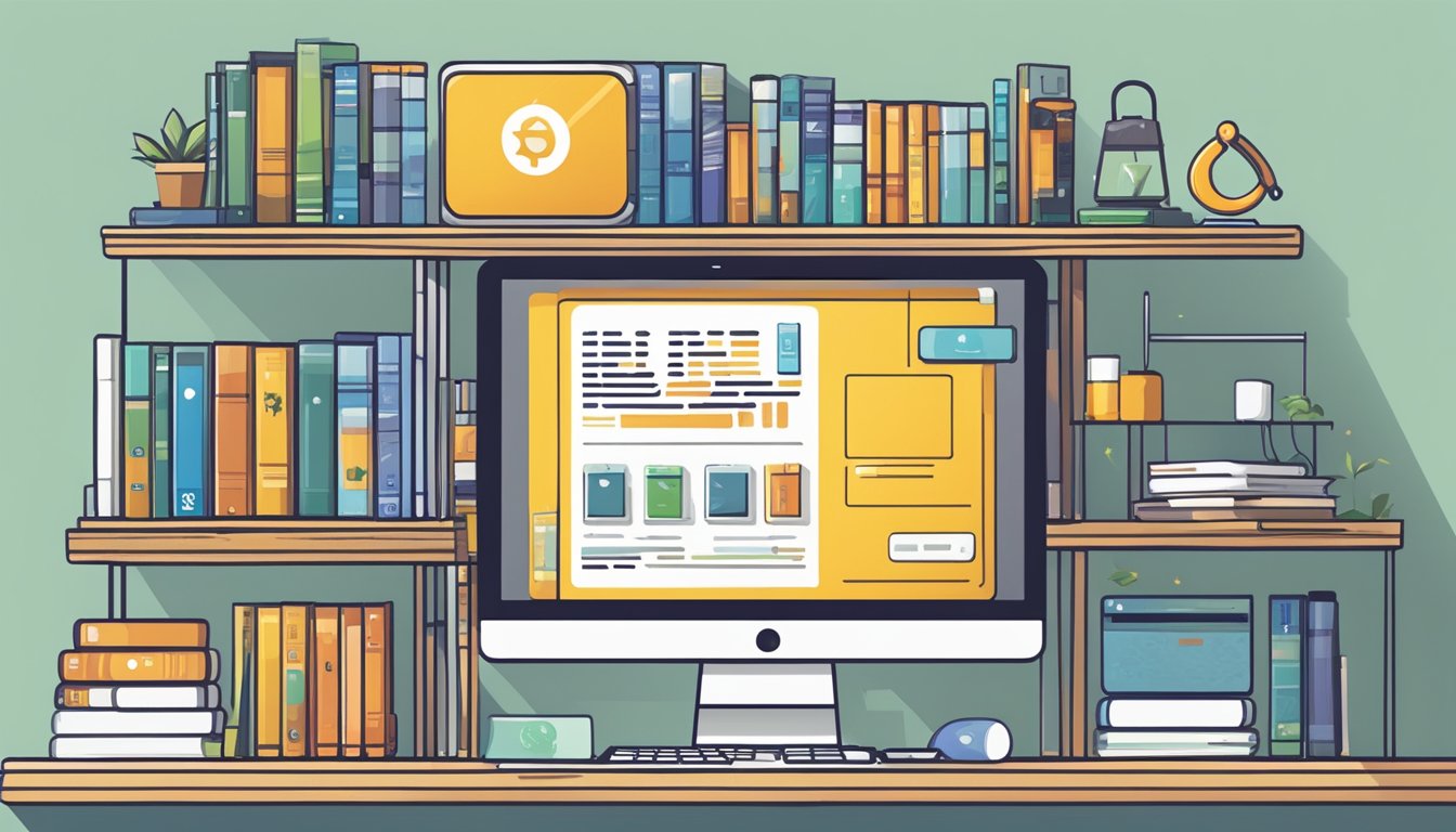 A computer screen displaying 10 website logos for learning coding,
with a bookshelf filled with coding resources in the
background