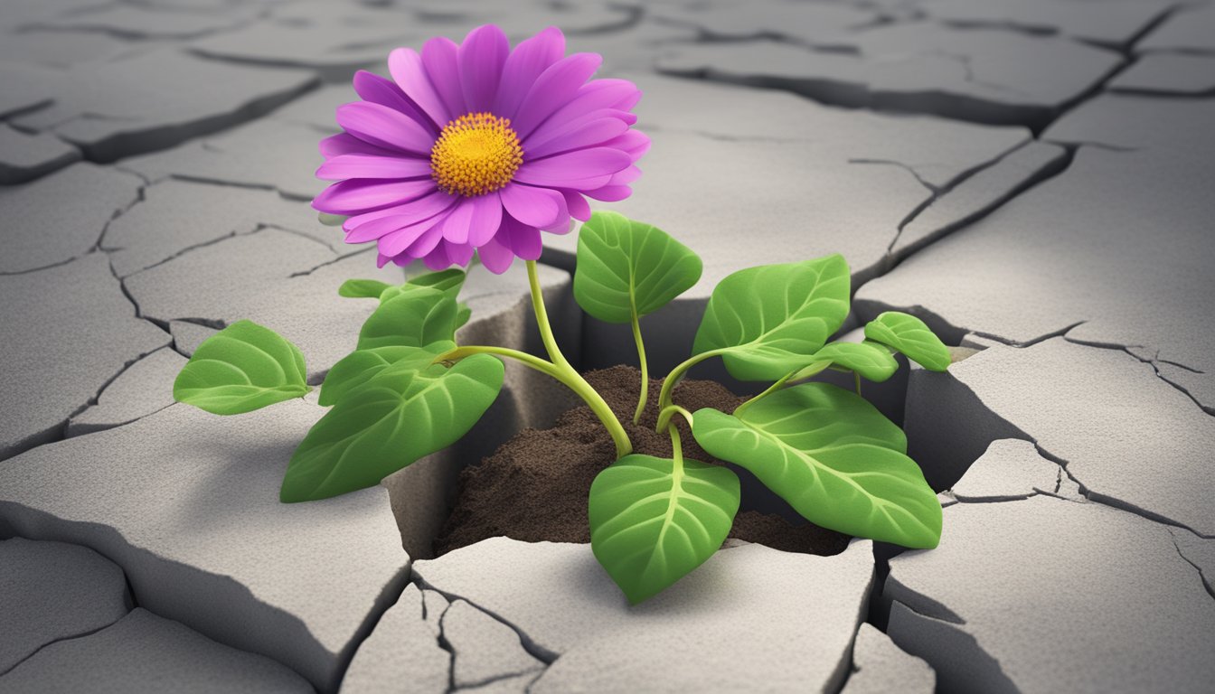 A seedling emerging from cracked concrete, surrounded by vibrant
greenery and blooming flowers, symbolizing growth from
adversity