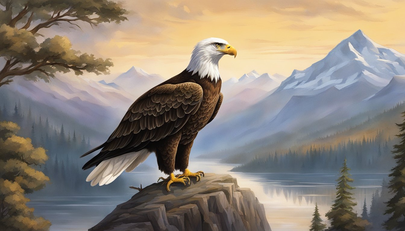A majestic eagle perches atop a tall tree, surveying the land below
with confidence and authority. Ducks scatter and defer to its commanding
presence