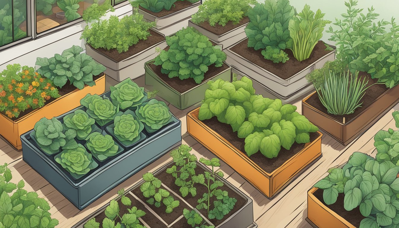 A variety of herbs and vegetables grow in small containers, nestled
together in a compact urban
garden