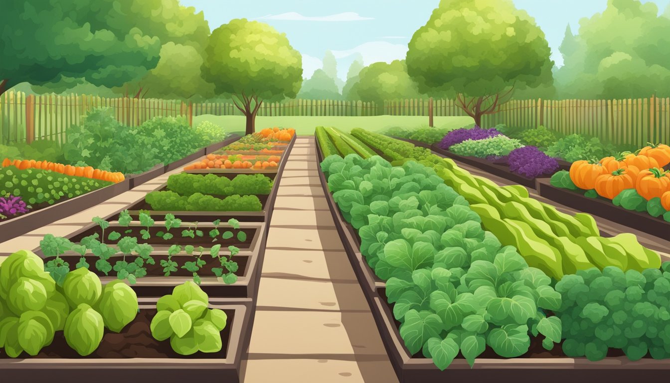 Lush garden with various vegetables and herbs thriving in neatly
organized rows, surrounded by healthy soil and vibrant green
foliage