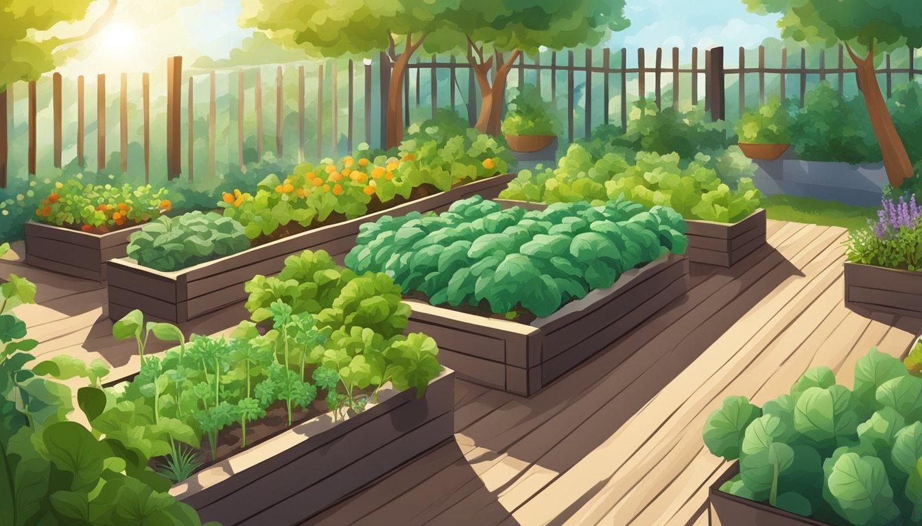 Lush garden with various herbs and vegetables growing in raised beds.
Sunlight filters through the leaves, creating dappled patterns on the
soil
