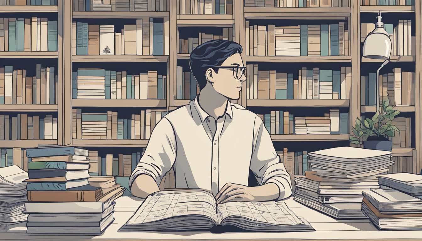 A person surrounded by books and maps, with a thoughtful expression
while engaging in a language learning
activity