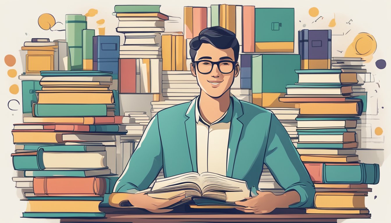 A person surrounded by books and language learning materials, with a
sense of accomplishment and satisfaction evident in their
expression