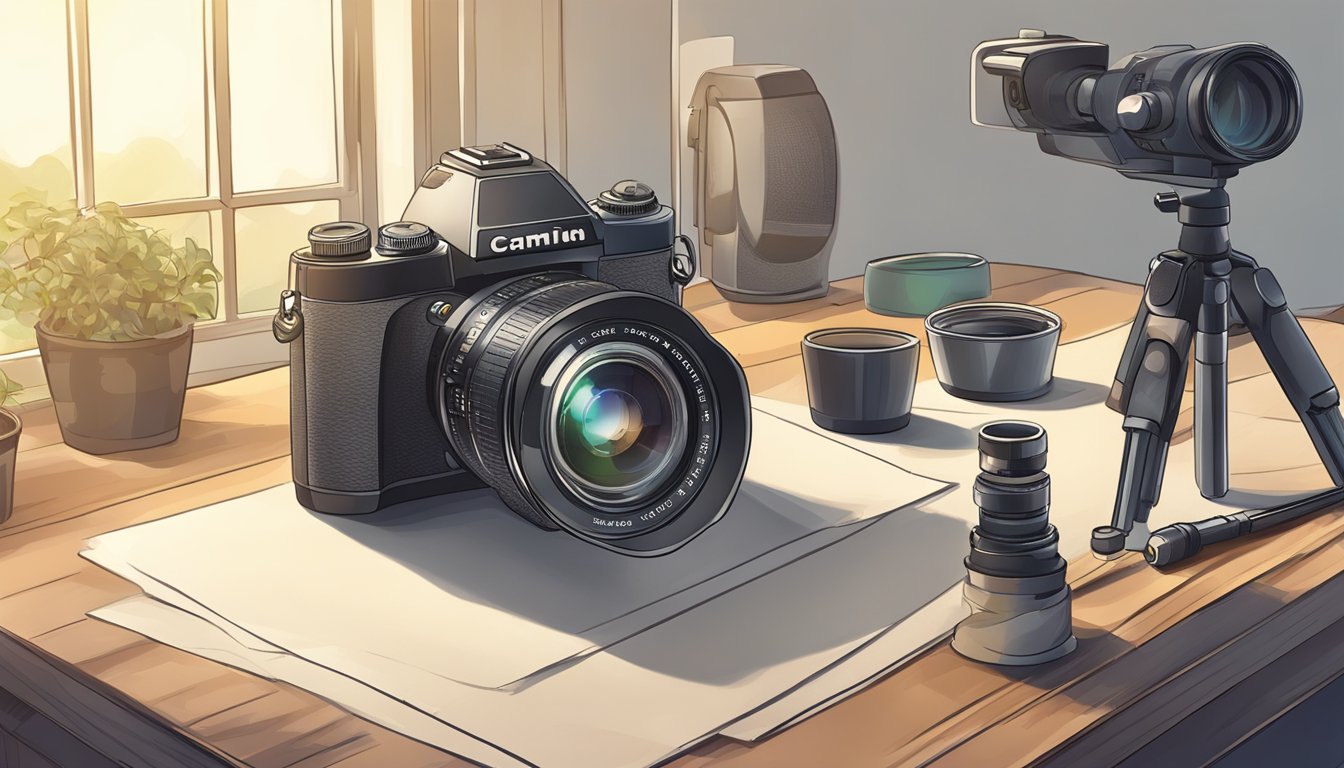 A camera with settings dial, lens, and tripod on a table. A hand
adjusting the settings. Light source casting a
shadow