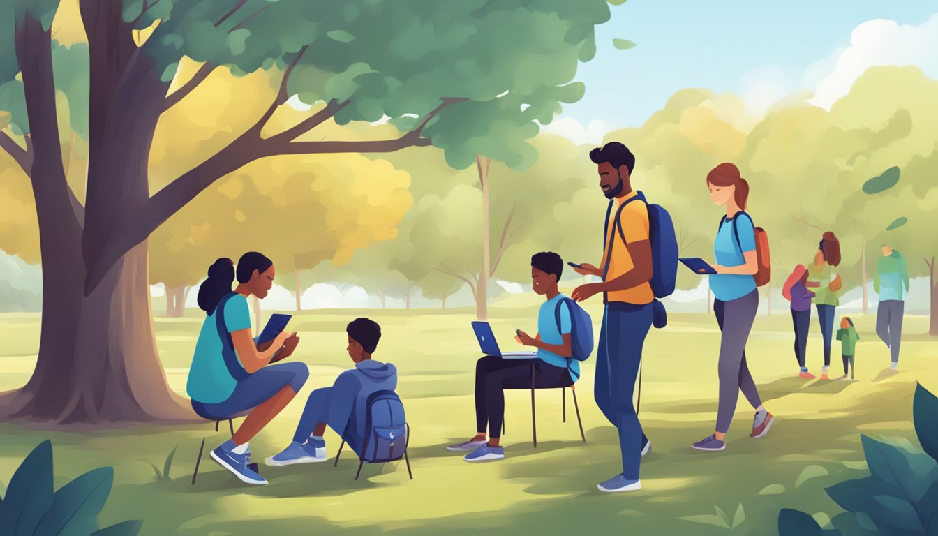 People engaging in outdoor activities while using electronic devices
for
learning