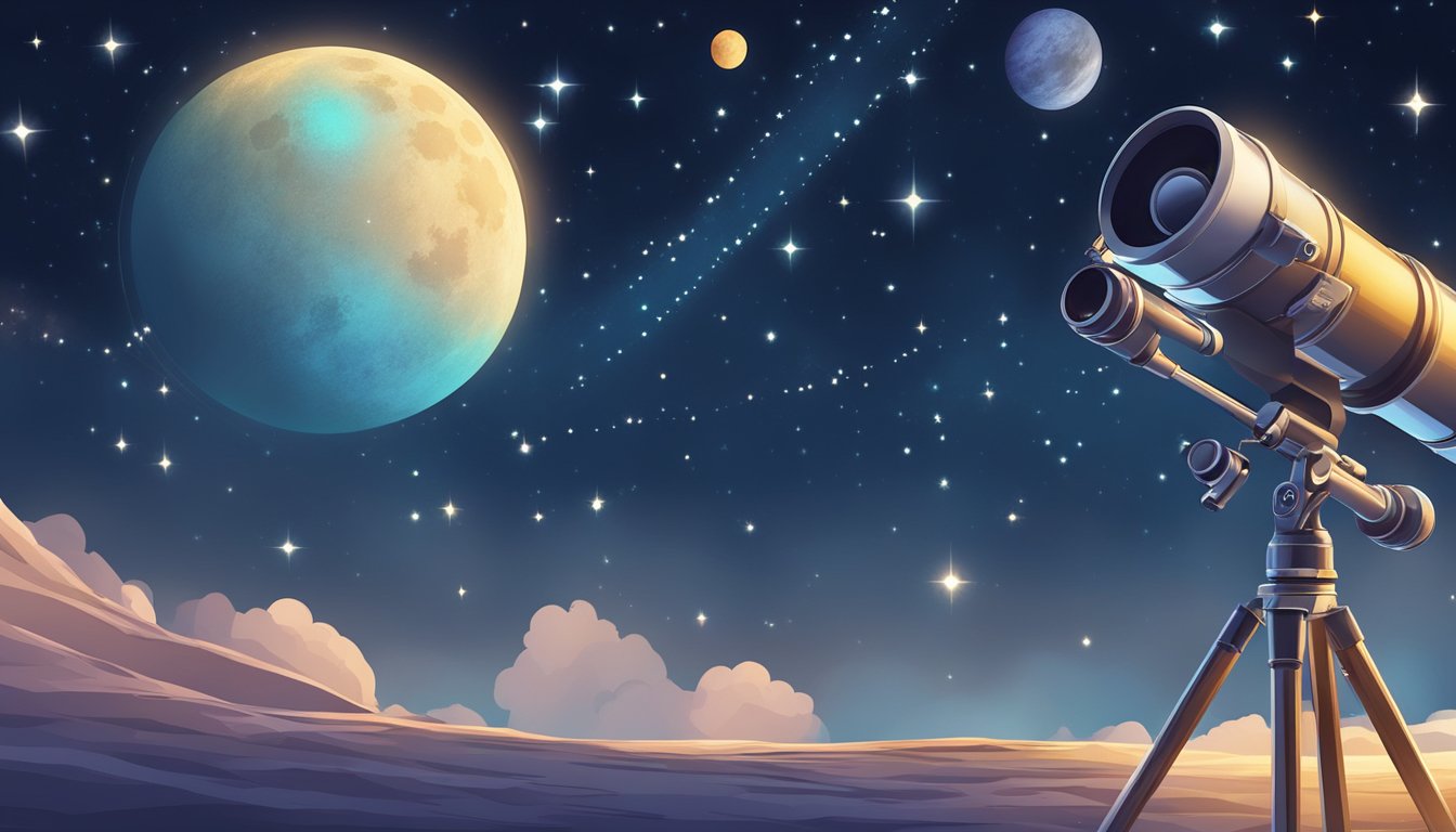 The night sky reveals twinkling stars, a glowing moon, and distant
planets. A telescope points upward, capturing the wonders of the
universe