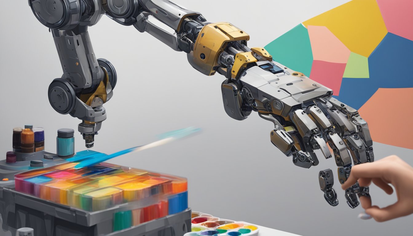A robotic arm paints alongside a human hand. A canvas displays a mix
of traditional and AI-generated
art