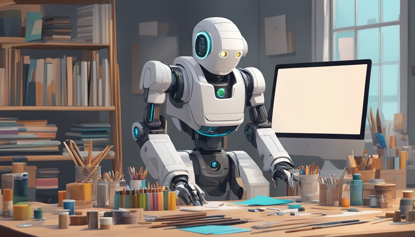 A traditional artist’s tools and materials lie abandoned as a sleek AI
robot creates a stunning masterpiece, raising questions about the impact
on skilled
artists