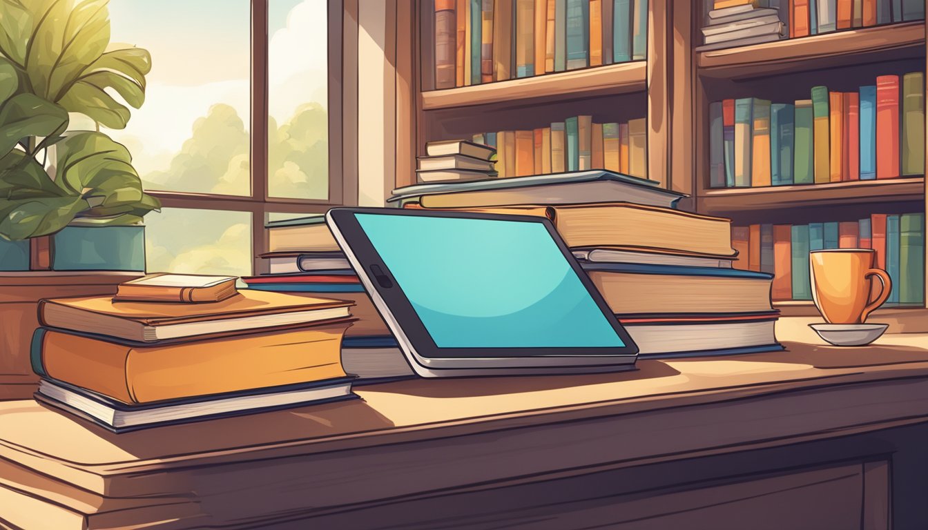 A stack of e-books and traditional books sit side by side on a desk,
with a tablet and a printed book open to a page, surrounded by a cozy
reading
nook