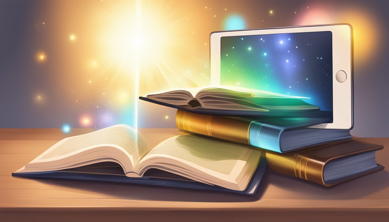 A stack of traditional books sits next to a tablet displaying an
e-book. A beam of light shines down on the tablet, illuminating the
digital
pages