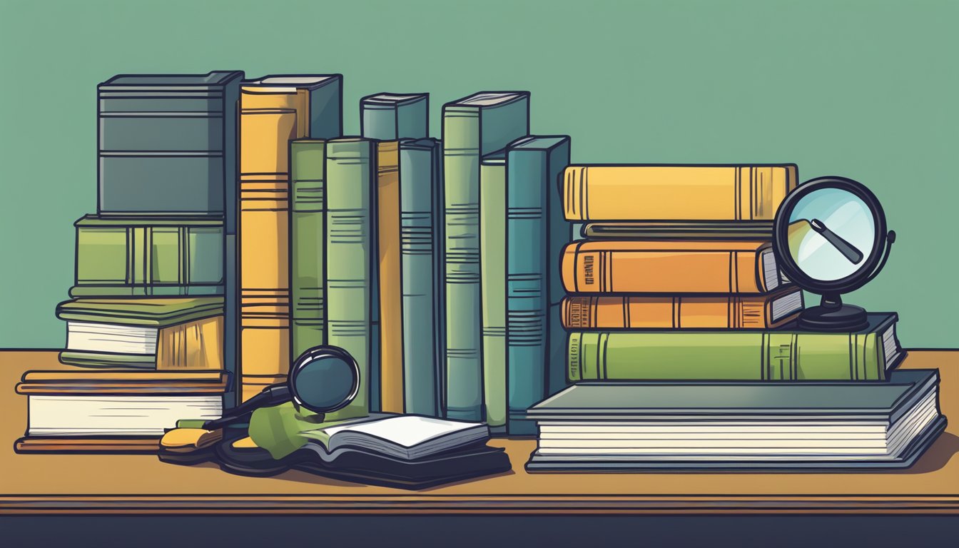 A stack of traditional books and a tablet displaying e-books side by
side on a desk, with a magnifying glass highlighting text in
each