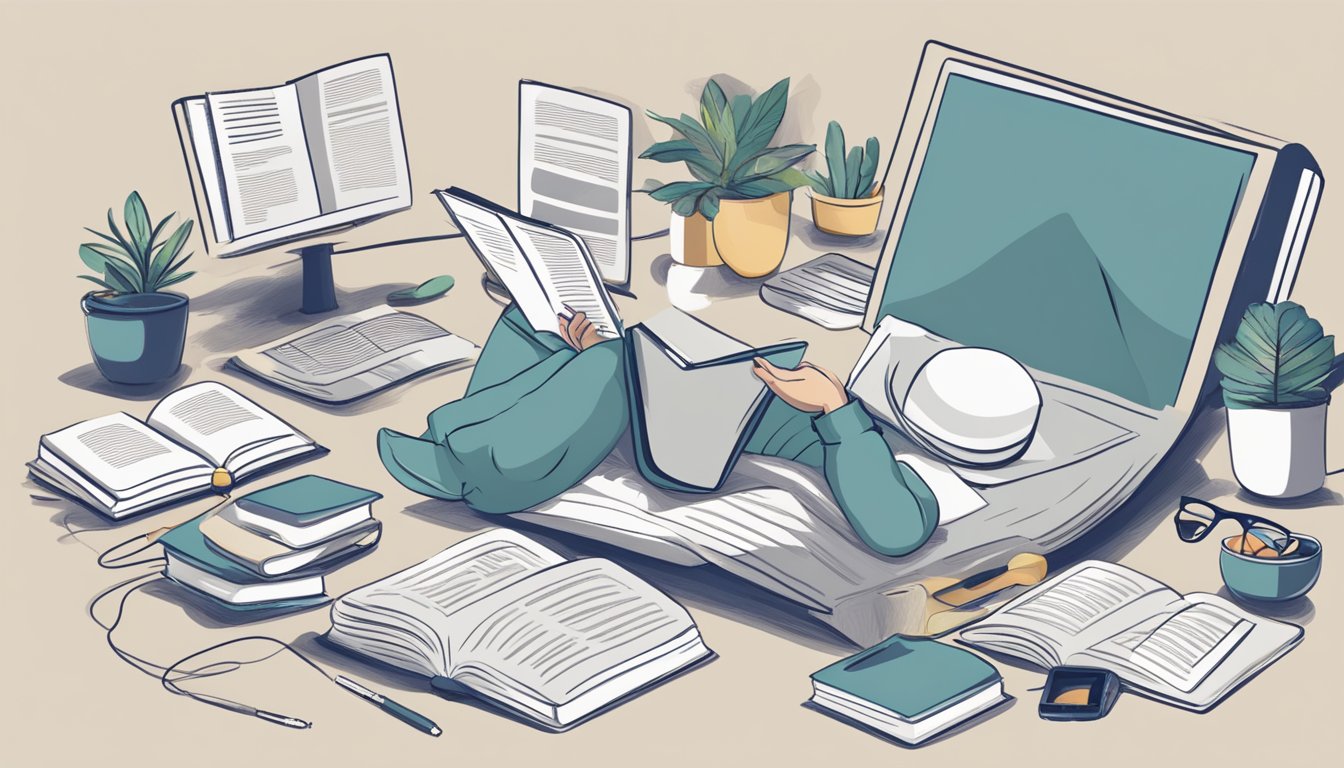 A person reading an e-book with a relaxed posture, surrounded by
digital devices. A traditional book sits nearby, with a bookmark in the
middle
