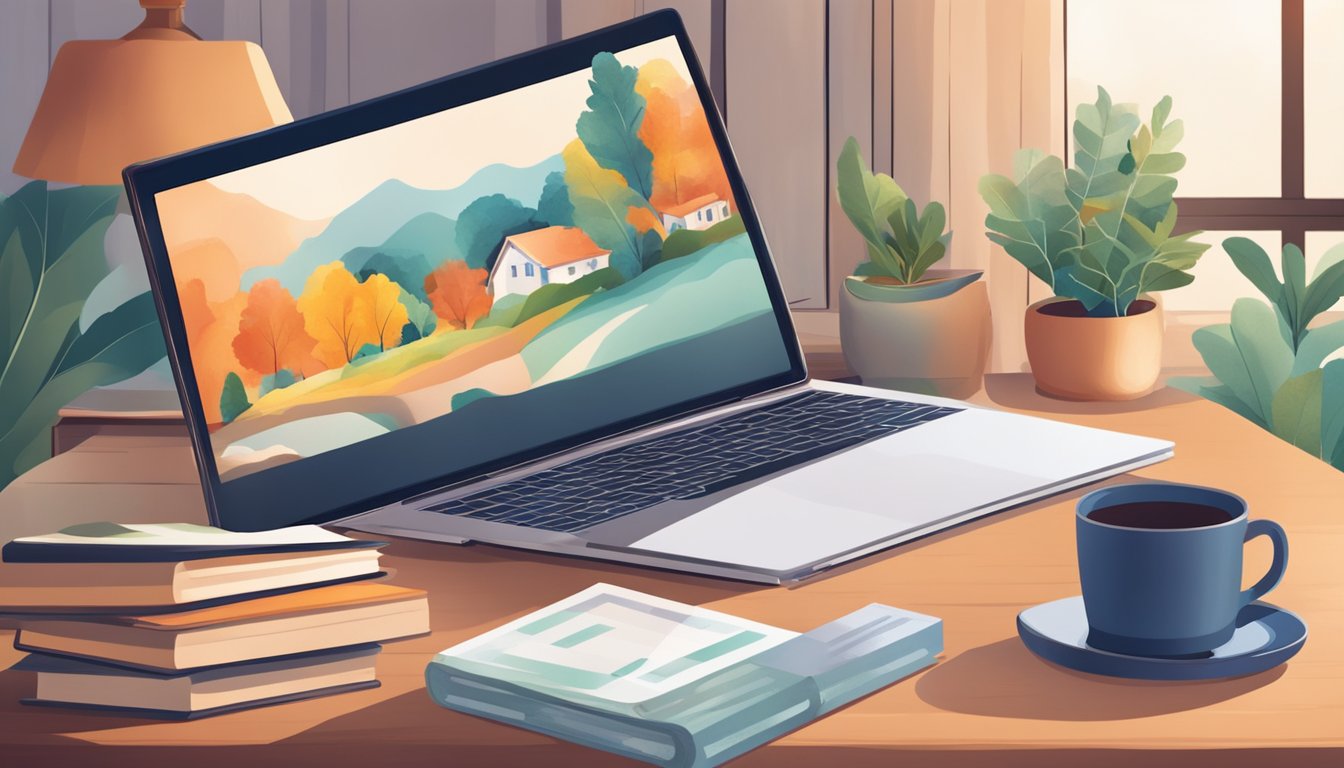 A laptop and tablet sit on a table with a stack of books. A senior
citizen’s hand reaches for the devices, surrounded by a cozy living room
setting