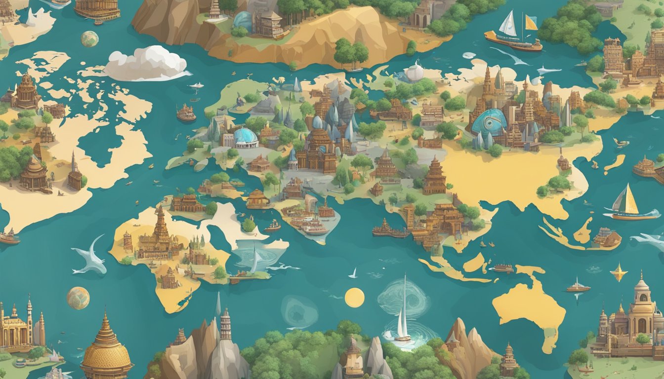A world map surrounded by diverse cultural symbols and artifacts, with
a computer displaying online resources for global
learning