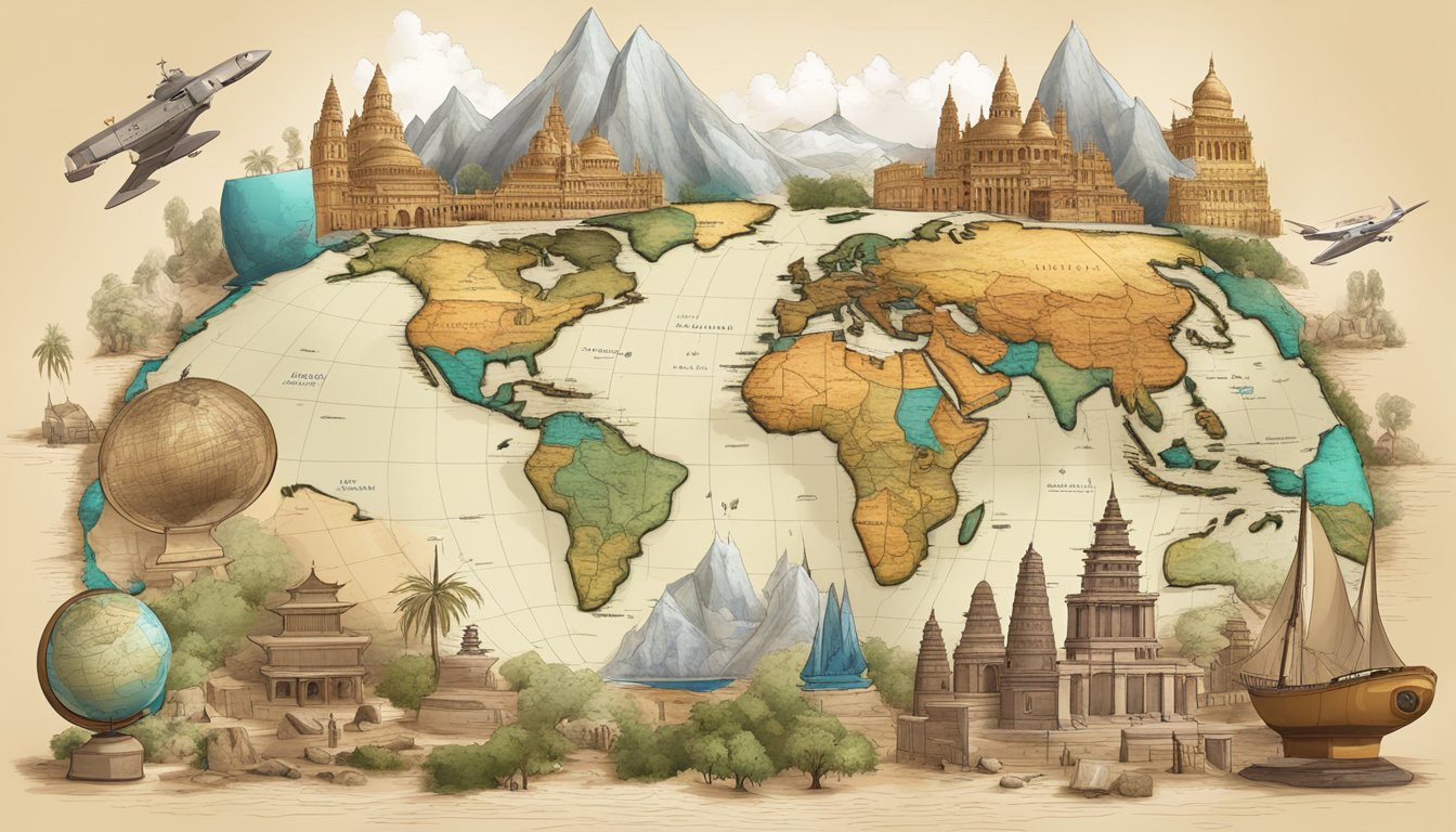A diverse array of cultural artifacts from around the world displayed
in a digital format, with maps and historical documents surrounding
them