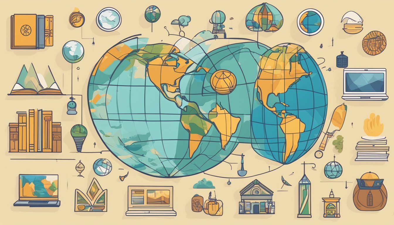 A diverse array of cultural symbols and artifacts from around the
world are displayed on a digital interface, representing the online
resources available for global
learning