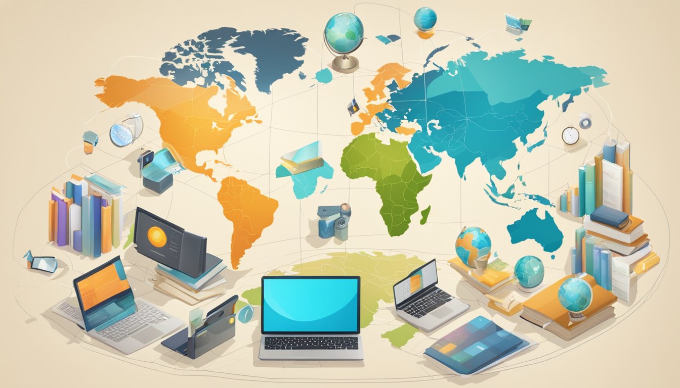 A world map surrounded by digital devices, books, and cultural
artifacts. Online resources and educational materials displayed on
screens