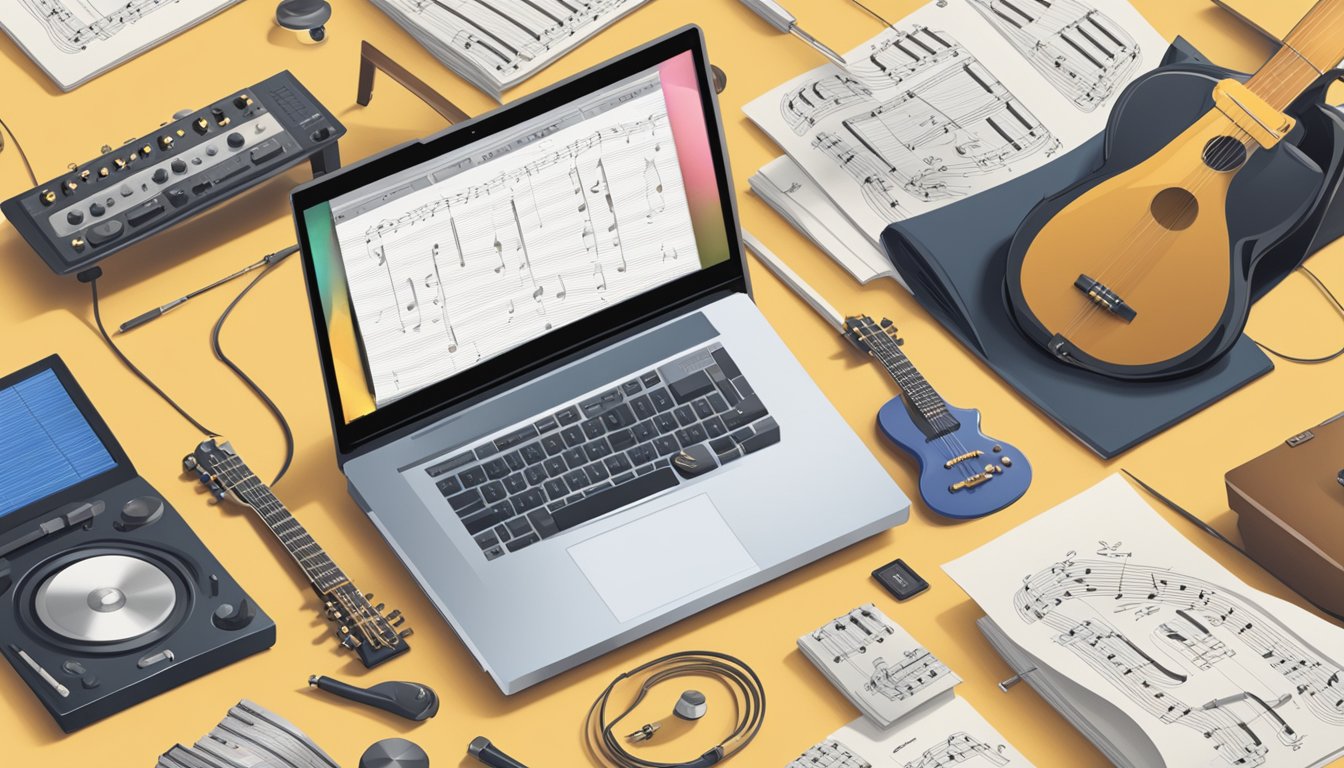 A laptop displaying a music tutorial, surrounded by sheet music, a
metronome, and various musical
instruments