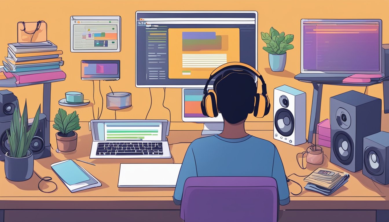 A person sits at a computer, watching online tutorials. Instruments
surround them, waiting to be chosen. The screen shows a beginner’s guide
to
music