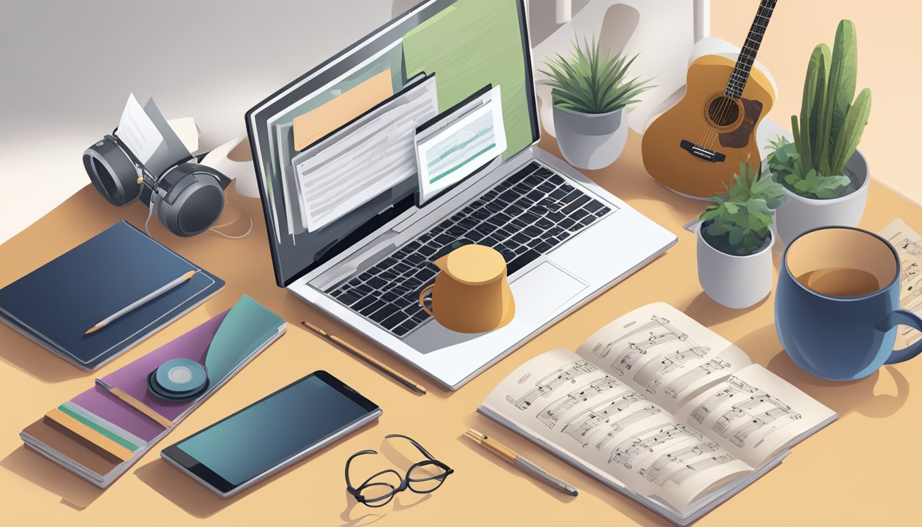 A person’s laptop open on a desk, surrounded by musical instruments
and sheet music. A tablet displaying online tutorials sits next to the
laptop