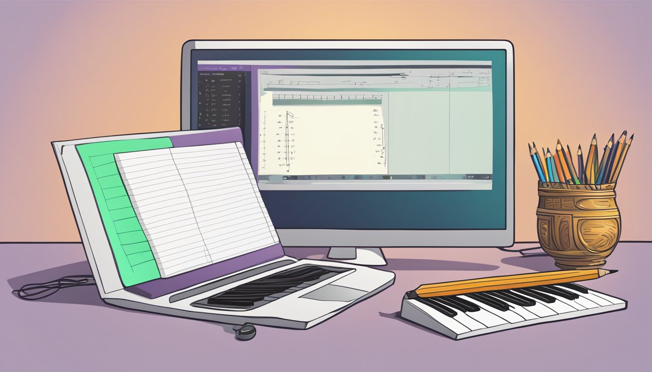 A computer screen displays a music theory tutorial. A musical
instrument sits nearby, waiting to be picked up. A notebook and pencil
are ready for
note-taking