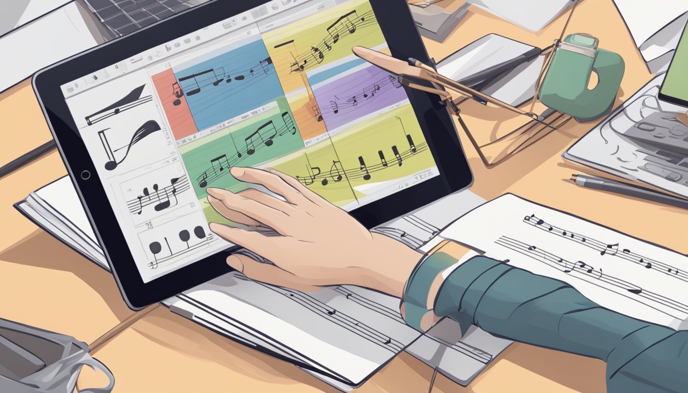 A person’s hands holding a tablet, with a music stand and instrument
nearby. Online tutorials play on the screen, as the person follows along
and practices
efficiently