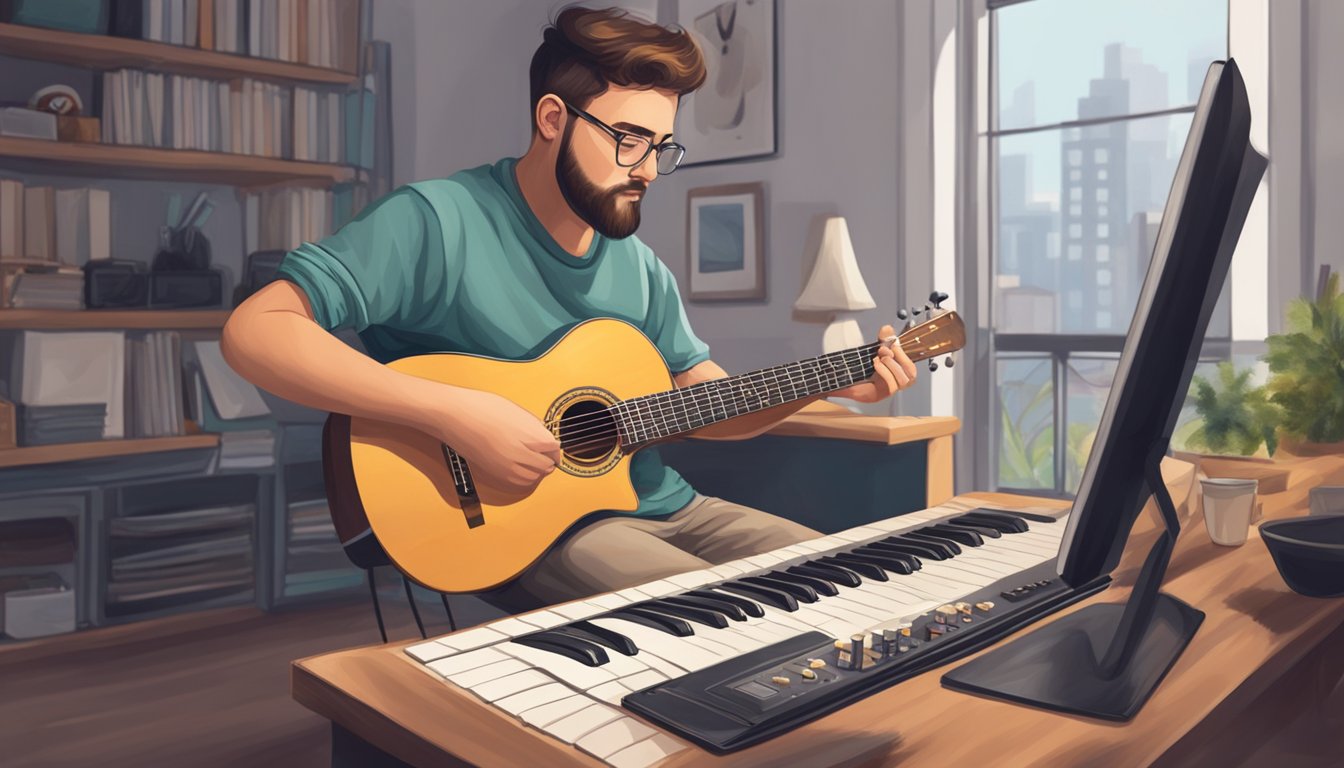 A beginner musician watches online tutorials, practicing technique and
progressing to advanced
skills