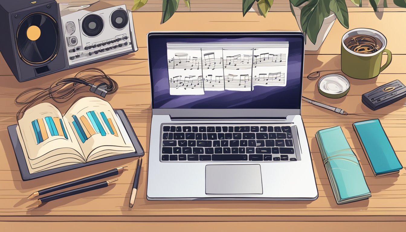 A person’s laptop is open on a desk, showing an online tutorial for
learning a musical instrument. The room is filled with musical
instruments and sheet music, creating a cozy and inspiring atmosphere
for
learning