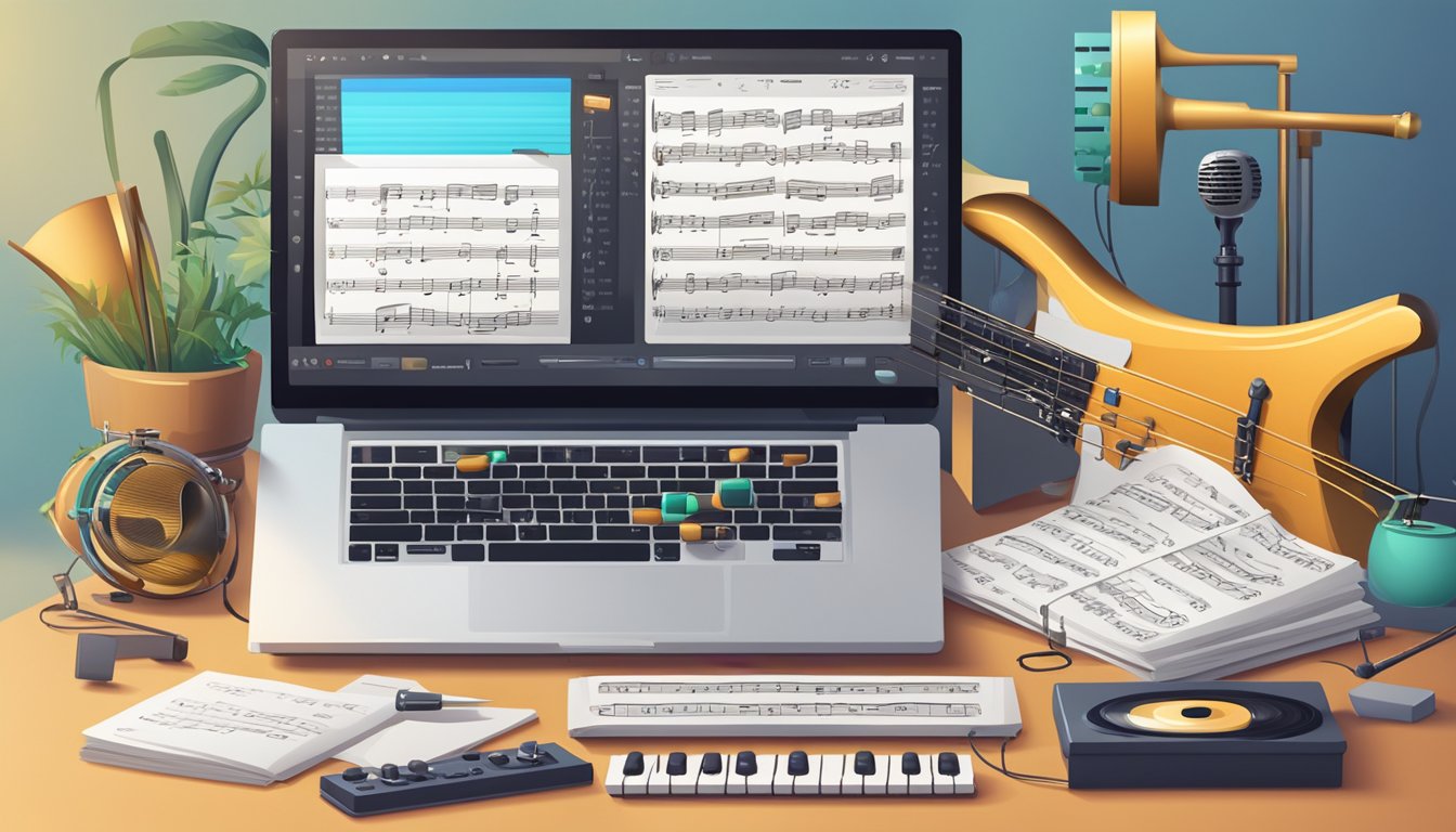 A laptop displaying online music tutorials, surrounded by a metronome,
sheet music, and various musical
instruments