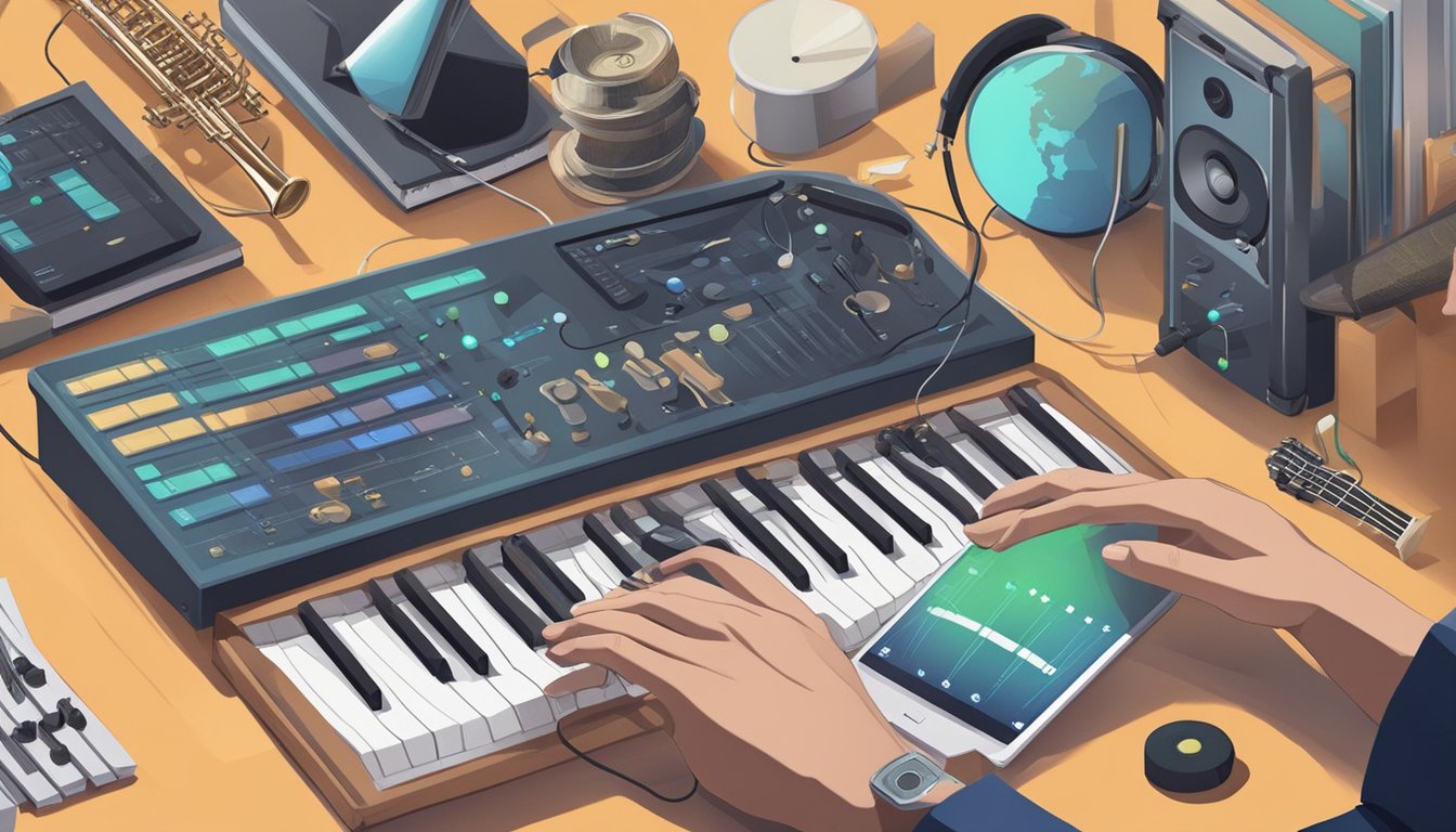 A musician’s hand reaches for a digital device, surrounded by
scattered sheet music and a variety of musical instruments. A computer
screen displays an online tutorial, while a metronome ticks in the
background