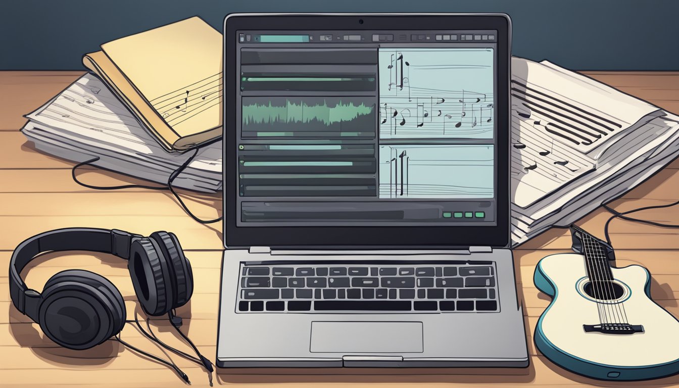 A laptop displaying online music tutorials, a guitar resting on a
stand, sheet music spread out on a table, and headphones plugged into an
audio
interface