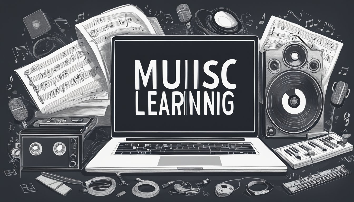 A laptop displaying online music tutorials, surrounded by instruments
and sheet music. Pros and cons of self-driven learning are written on a
chalkboard