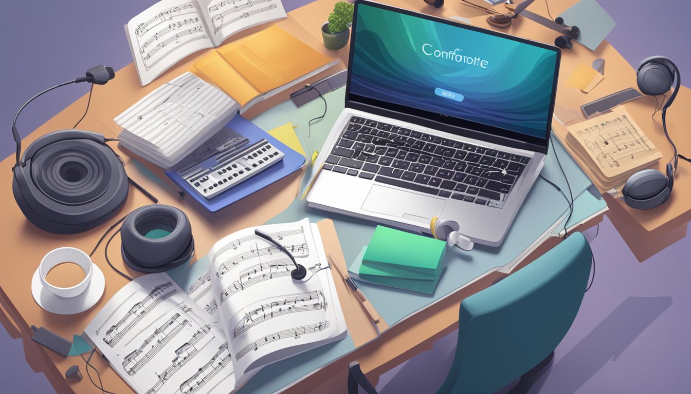 A laptop displaying a music tutorial, surrounded by various
instruments and sheet music. A comfortable chair and headphones are
nearby, creating a focused and immersive learning
environment