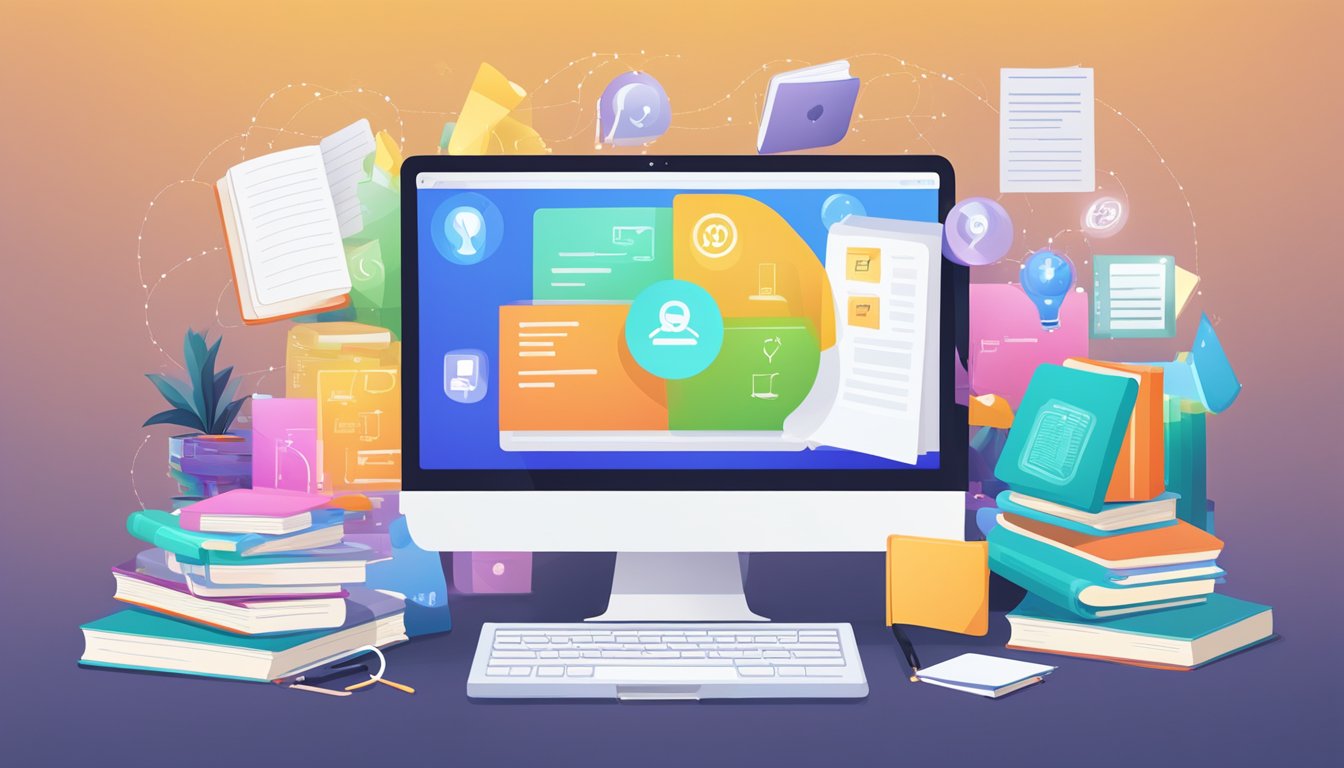 A computer screen displays various online learning platforms. Books
and notes surround it, as information is absorbed
quickly