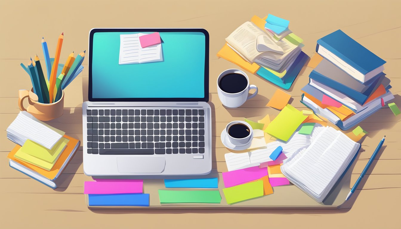 A cluttered desk with open textbooks, a laptop, and colorful sticky
notes. A clock on the wall shows the time. A mug of coffee sits
nearby