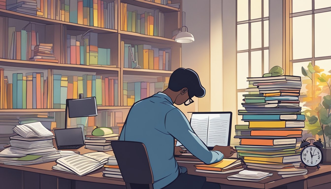 A cluttered desk with open books, a laptop, and colorful notes. A
clock on the wall shows the passage of time. A person’s silhouette is
seen in the background, absorbed in
study