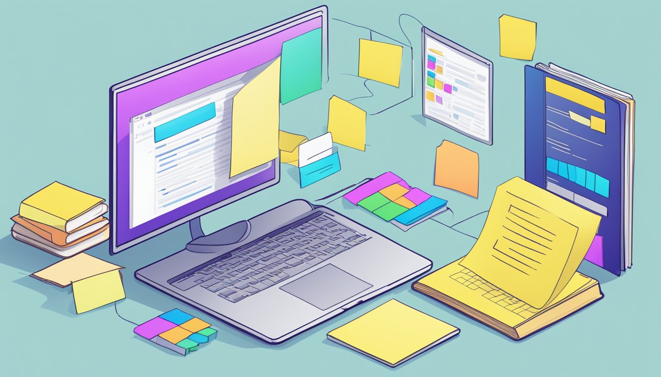 A computer screen displaying multiple tabs open, with a book and
notebook nearby. Post-it notes with keywords and diagrams scattered
around