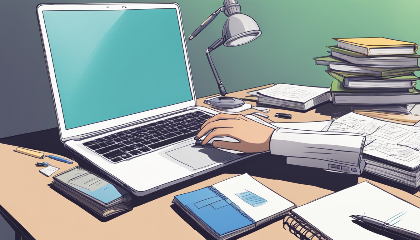 A laptop open on a desk, surrounded by books and notes. A person’s
hand reaches for a pen, ready to jot down new
information