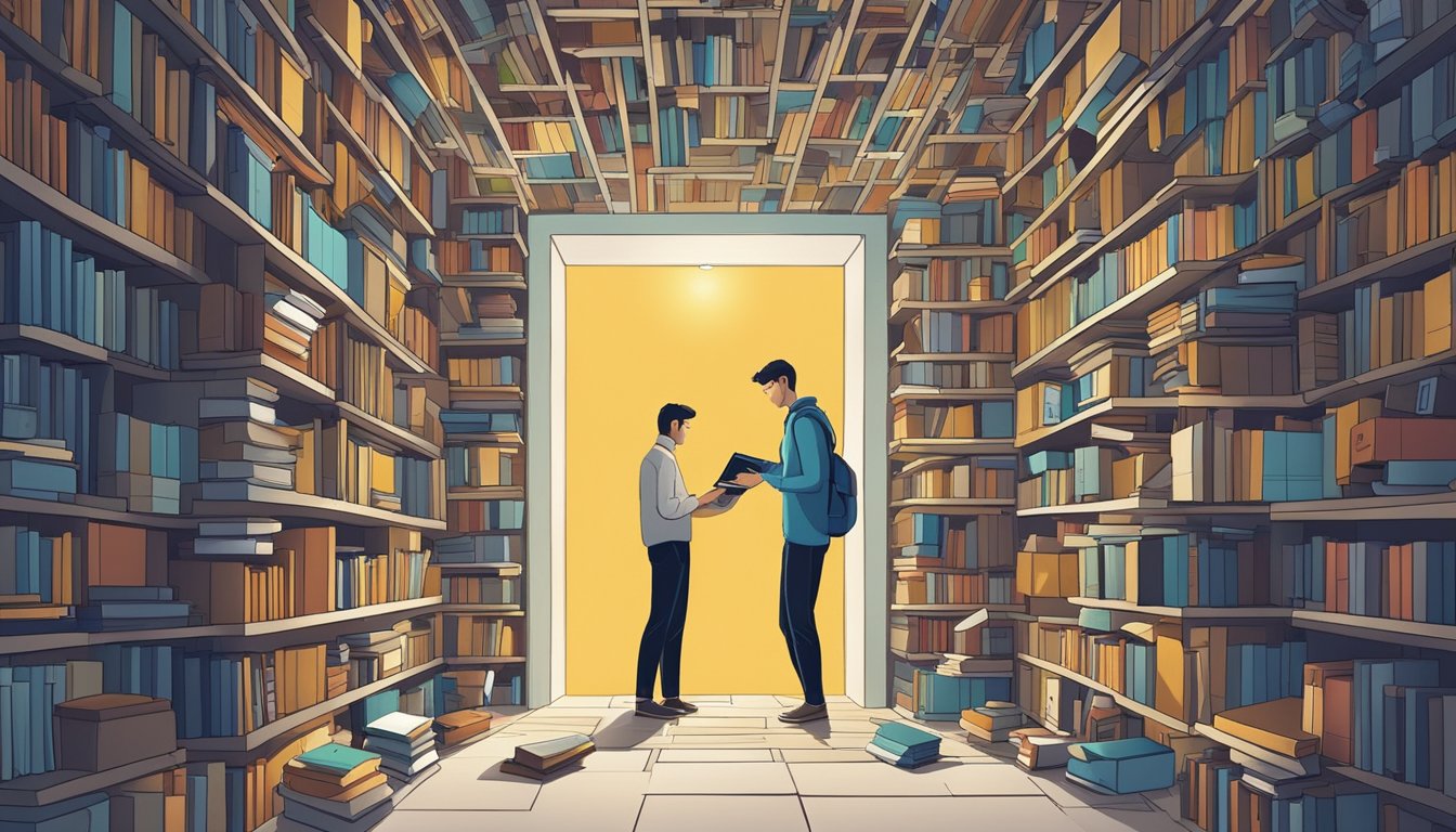 A figure breaking through a wall of data, using a key to unlock a
digital lock, surrounded by books and
technology