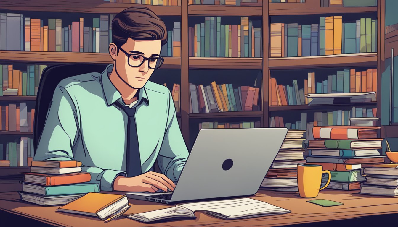 A person sitting at a desk, surrounded by books and a laptop, with a
focused expression while absorbing information
online