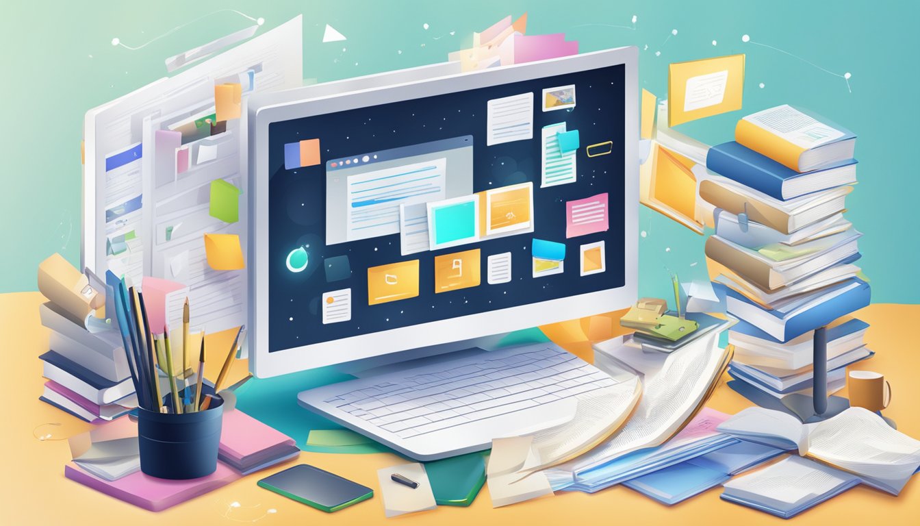 A computer screen displaying various multimedia resources with open
books and notes scattered
around