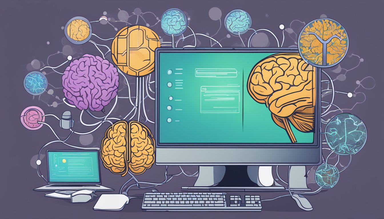 A computer screen displays a series of interconnected brain cells,
symbolizing the constant evolution of learning techniques. Online
resources and books surround the screen, representing the absorption of
information