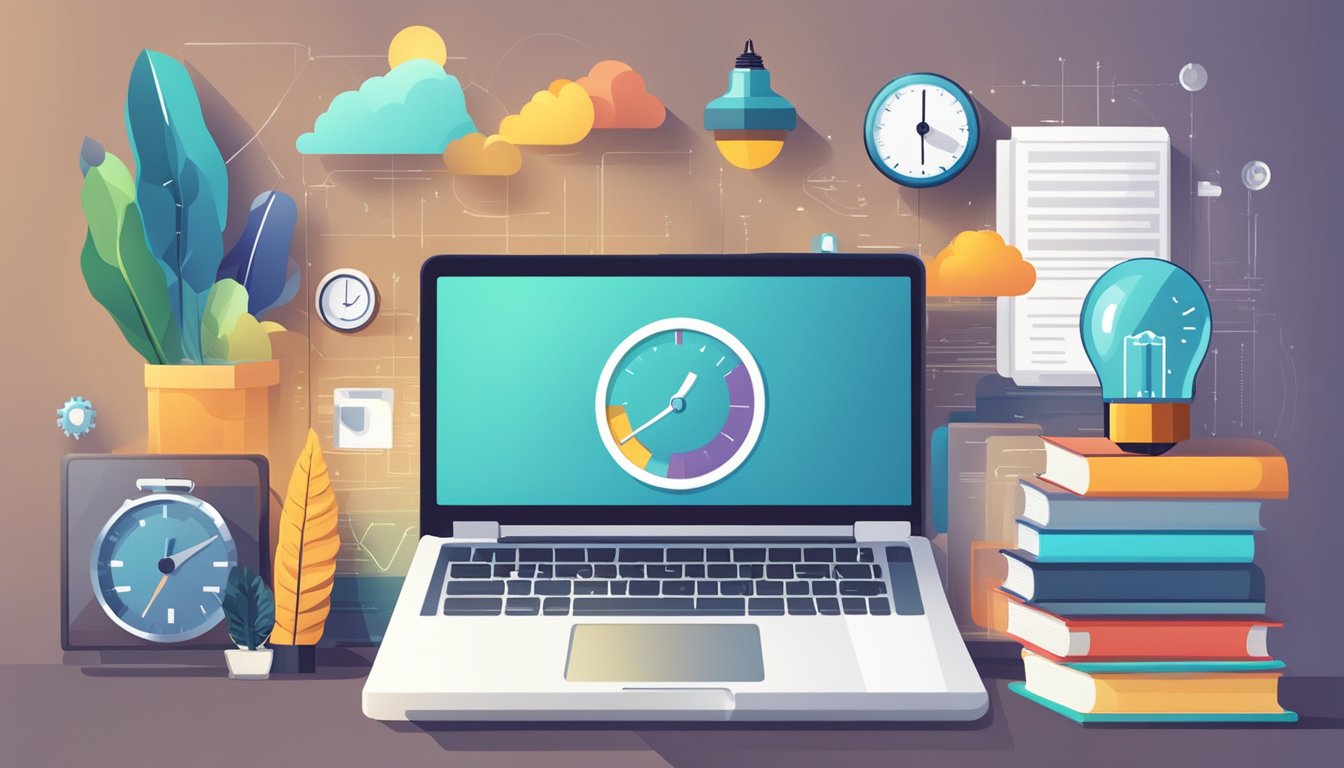 A laptop surrounded by books and online resources, with a speedometer
showing rapid progress, and a light bulb symbolizing new
insights