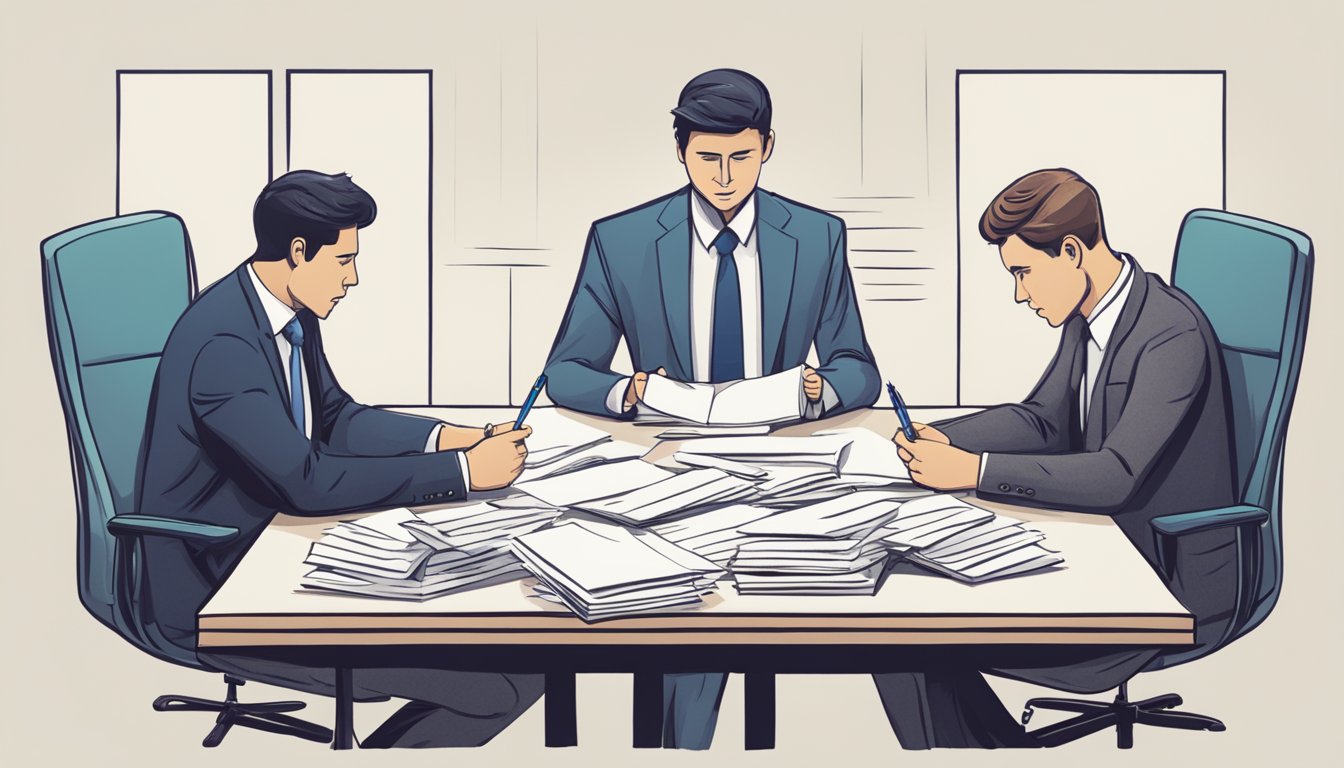 A table with two people on opposite sides, each holding their ground
with determined expressions. A pile of papers and pens in the middle,
symbolizing the negotiation
process