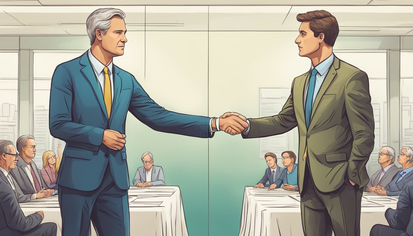 A tense negotiation: two parties facing each other, each holding their
ground. Tension in the air, but also a sense of determination and
focus